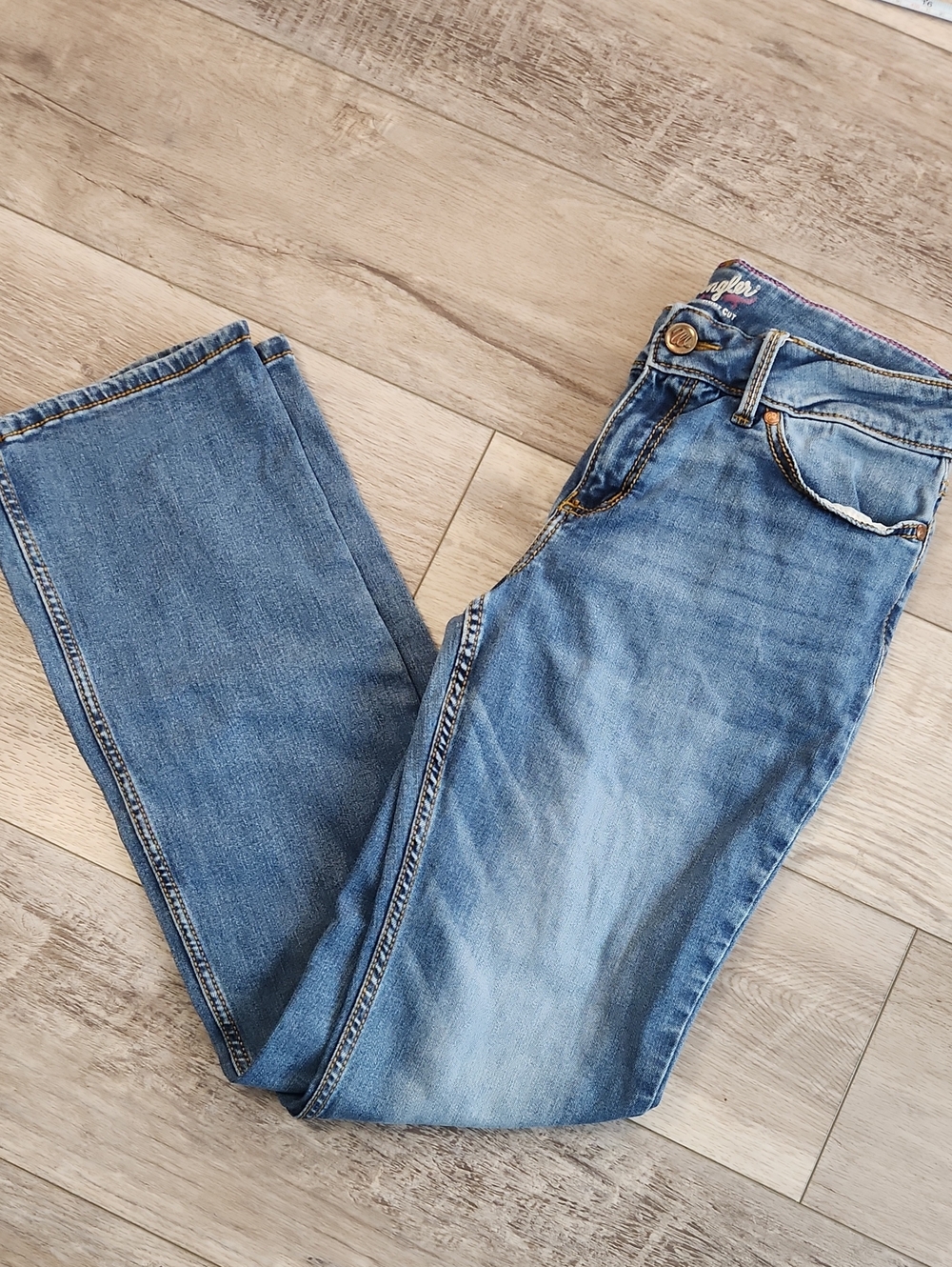 Wrangler Blue Denim Straight Leg Jeans with Gold Button
